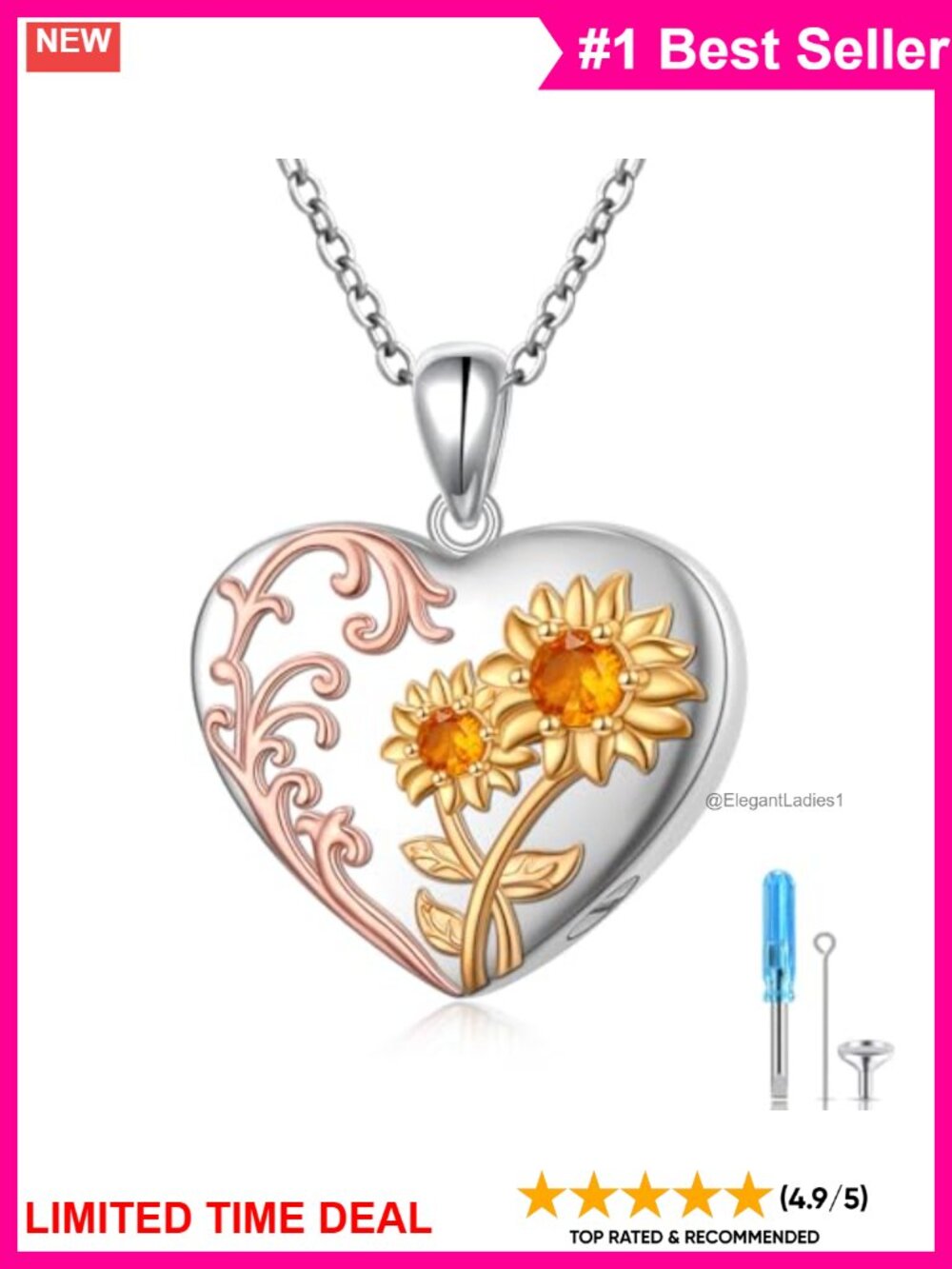 925 Sterling Silver Sunflower Urn Necklace Heart Ash Memorial Pendant